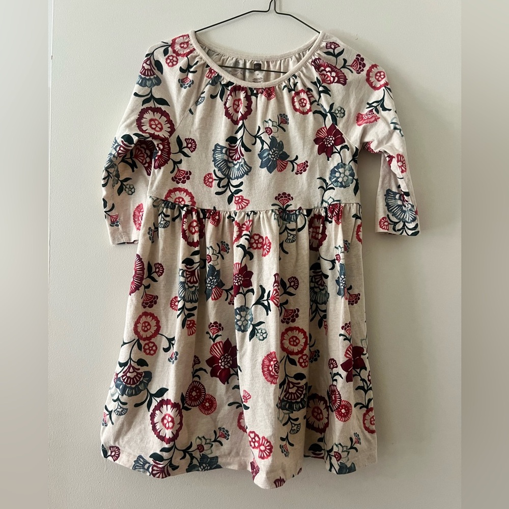 Tea Collection Floral Long Sleeve Dress - Cream with Red & Blue Flowers